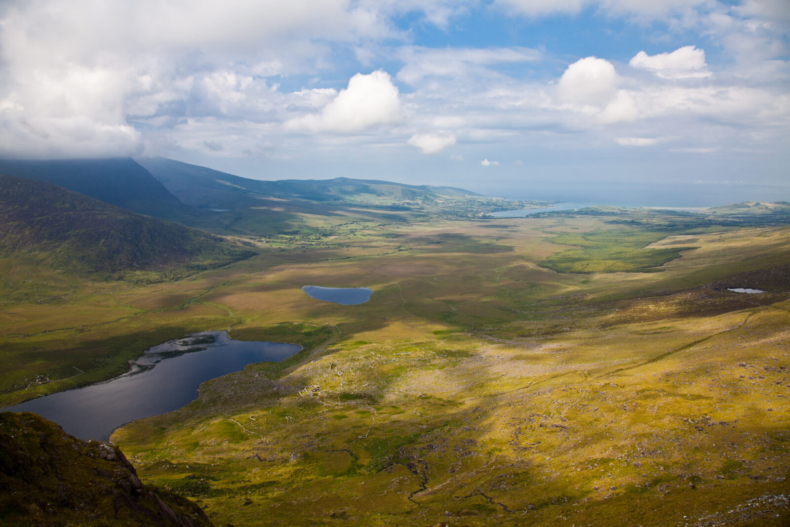 Brandon Bay from the top of the Conor Pass in Kerry Ireland, with views of the Dingle Way walking and Hiking trails